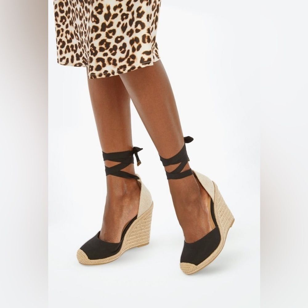 JustFab Women's Black Espadrille Wedge Sandals Size 9.5 Ankle Tie